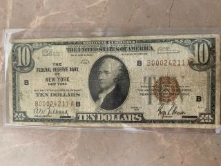 1929 Ten Dollar $10 National Currency Bank Note York York Brown Seal