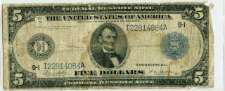 1914 $5 Large Size Frn Federal Reserve Note Minnesota