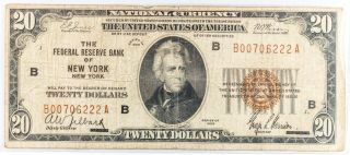 1929 Twenty Dollar $20 National Currency Bank Note York Brown Seal