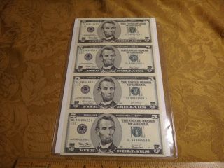 Uncut Sheet Of Four 4 2003 Uncirculated Us Five Dollar $5 Notes - S&h Usa
