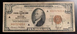 1929 $10 National Currency Brown Seal - Frb Of Boston - Usa