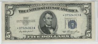 Star 1953 $5 Silver Certificate Star Note Blue Seal Xf,
