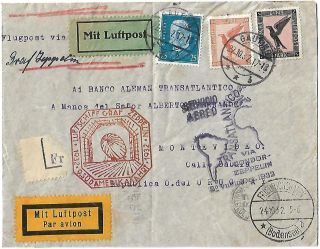 Zeppelin Germany To Uruguay Airmail Cover 1932 Rare Violet Cachet