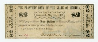 1862 $2 The Planters Bank Of The State Of Georgia Note - Civil War Era