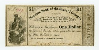 1863 $1 The Planters Bank Of The State Of Georgia Note - Civil War Era