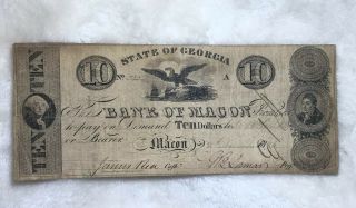 Bank Of Macon Ga 10 Dollar 1826.  Note No Pinholes