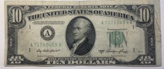 1950a $10 Ten Dollar Bill Federal Reserve Note Boston Vintage Old Currency