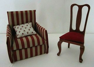 High End Victorian Style Doll House Hand Crafted Desk Chair & Padded Chair