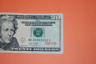 $20 Usa 2013 Twenty Dollar Bill Low Serial Number Me 00022022 G Repeating Number