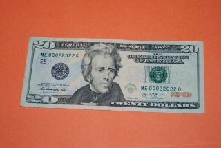 $20 USA 2013 Twenty Dollar Bill Low Serial Number ME 00022022 G Repeating Number 2