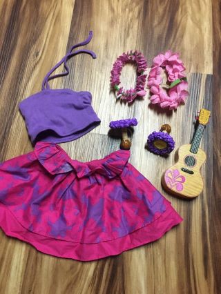 American Girl Doll Kanani Luau Outfit Floral Skirt Purple Top Ukulele Lei