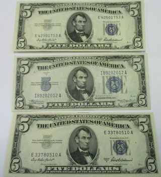 (3) 1934a & 1953a $5 Silver Certificate Notes Au To Uncirculated