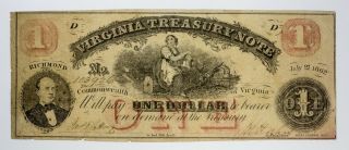 $1 1862 Virginia Treasury Note With (red Overprint) 1862