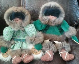 Eskimo Inuit Vintage Dolls Folk Art Man Woman Real Fur Wood Body Set Of 2
