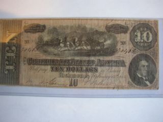 Civil War Confederate Csa $10 Note Obsolete Currency Horses Cannon Va