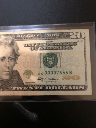 20 Dollar Bill Low Serial Number 00007656 Rare