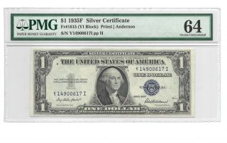 1935f $1 Silver Certificate,  Pmg Choice Uncirculated 64 Banknote,  Y/i Block