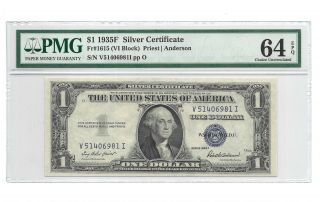 1935f $1 Silver Certificate,  Pmg Choice Uncirculated 64 Epq Banknote,  V/i Block
