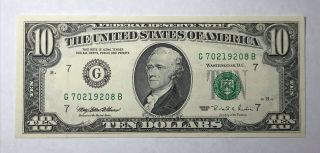 Gem Unc $10 1995 G70219208b G/b Block (fw) Chicago Bank Ten Dollar Bill