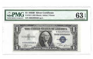 1935b $1 Silver Certificate,  Pmg Choice Uncirculated 63 Epq Banknote,  H/d Block