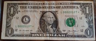 Very Rare 80,  000 Run 2013 $1 Dollar " L " Star Note Low Serial Number / Miscut