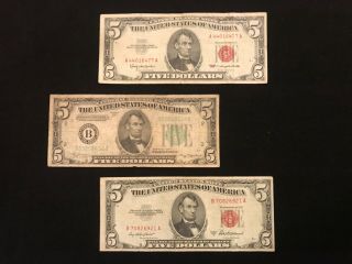 1934 A $5 Frn Ny District &1953 &1963 Red Seal Notes United States Paper Money