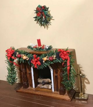 Miniature Dollhouse Fireplace w/Christmas Swag Garland Centerpiece Wreath Logs, 2