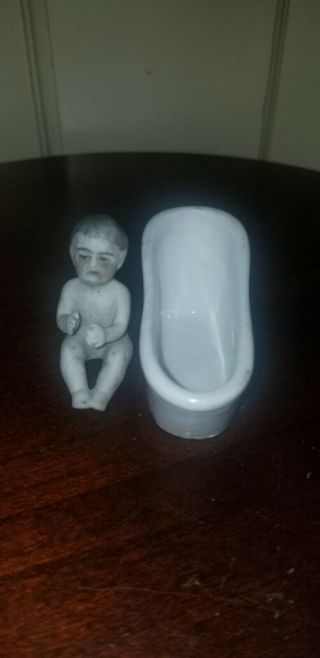 Antique Porcelain All Bisque Baby In Removable Ceramic Bathtub