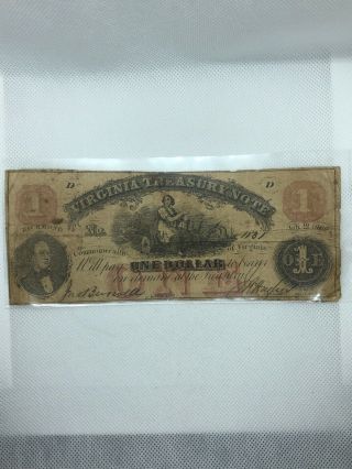 $1 Virginia Treasury Note Confederate Currency July 21,  1862