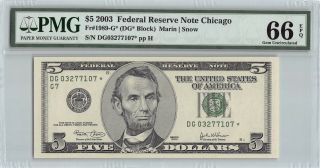 United States 2003 Fr.  1989 - G Pmg Gem Unc 66 Epq $5 Frn Chicago Star