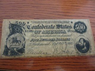 Facsimilie 1864 $500 Confederate Csa Ad Note Hastings Nebraska Coin Dealer