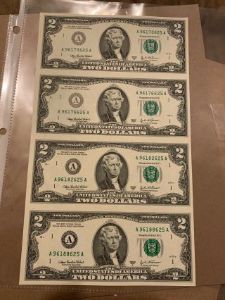 Uncut Sheet Of (4) $2 U.  S.  Dollar Bills,  Cash,  Money,  Real Currency - 2003 A Unc