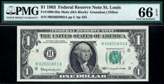 1963 $1 St.  Louis Federal Reserve Note Frn • Mule • Pmg 66 Epq 1900 - Hm