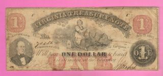 $1 Virginia Treasury Note One Dollar Bill Obsolete 1862 Confederate Va Currency