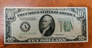 1934c $10 Ten Dollar Bill Federal Reserve Note Bank Of Boston
