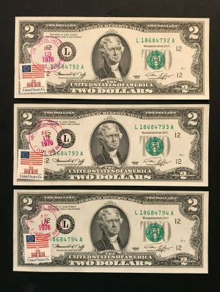 3 Consecutive Serial 1976 $2 Two Dollar Bill First Day Issue Postmarked Stamp