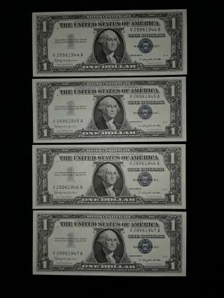 1957 B $1 Silver Certificate One Dollar Notes 4 Consecutive Uncirculated