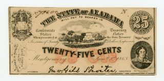 1863 Cr.  6 25c The State Of Alabama Note - Civil War Era Au