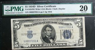 1934d $5 Silver Certificate Pmg 20 Very Fine Priced For Quick Wide