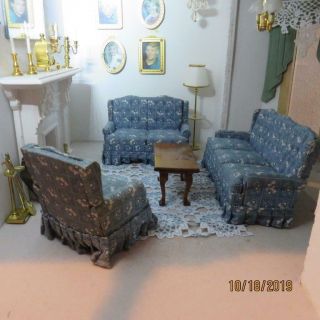 4 Piece Dollhouse Miniature Living Room Furniture Couch,  Love - Seat,  Chair,  Table
