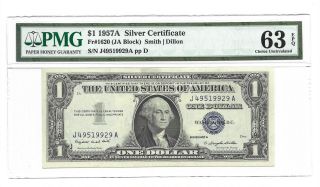 1957a $1 Silver Certificate,  Pmg Choice Uncirculated 63 Epq Banknote,  J/a Block