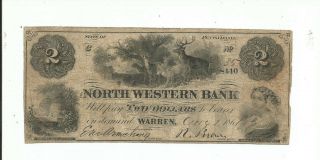 Old $2 Note From 1861.  The Nw Bank Of Warren,  Pa.  Vignettes Of Elk.