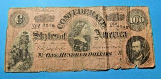 1864 Confederate States Of America 100 Dollar Note - Lucy Pickens