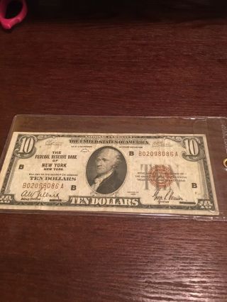 1929 Federal Reserve Bank Of York $10 Bill