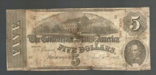 $5 1863 Five Dollar Confederate Currency Note Bill Money