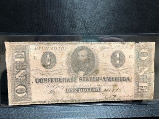 1864 Confederate States Of America One Dollar Note Richmond