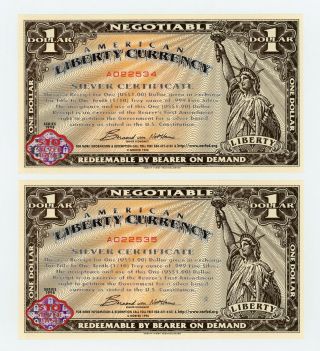 (consecutive Pair) Series 1998 $1 American Liberty Currency - Idaho Scrips Cu