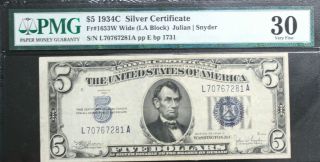 1934c $5 Silver Certificate Pmg 30 Very Fine Priced For Quick Wide