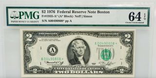1976 $2 Federal Reserve Star Note Boston Massachusetts Pmg 64 Epq