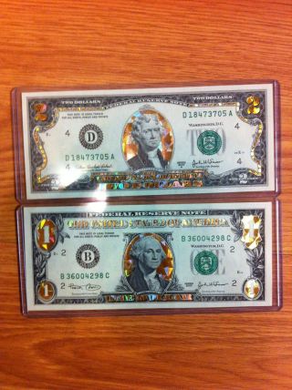 1 And 2 Dollar - 22 K Gold Hologram Currency Set - Legal Usa - Gift Notes,  2 In 1